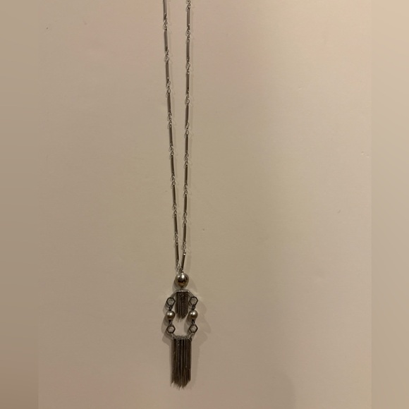 Rachel Zoe Silver Long Statement Pendant Necklace • 26” • Hammered Metal Fringe - Picture 4 of 4